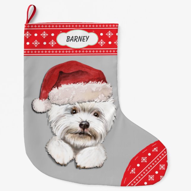 Santa Hat Westie Snowflake Border Large Christmas Stocking (Front)