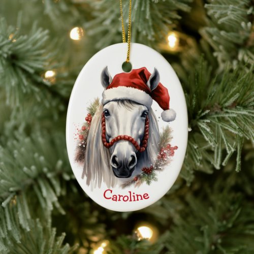 Santa Hat White Horse Christmas Ceramic Ornament