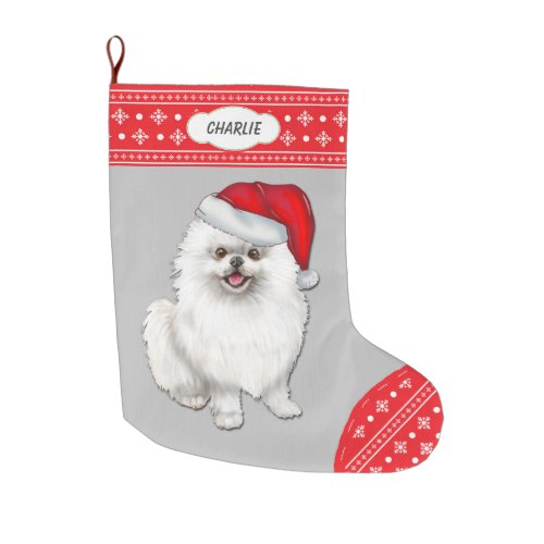 Santa Hat White Pomeranian Snowflake Border Large Christmas Stocking