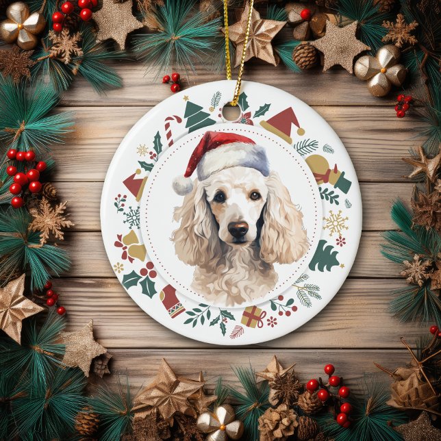 Santa Hat White Poodle Dog Christmas Wreath Ceramic Ornament (Creator Uploaded)
