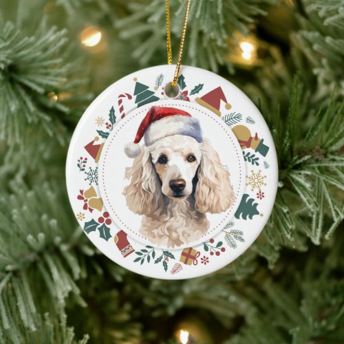 Santa Hat White Poodle Dog Christmas Wreath Ceramic Ornament