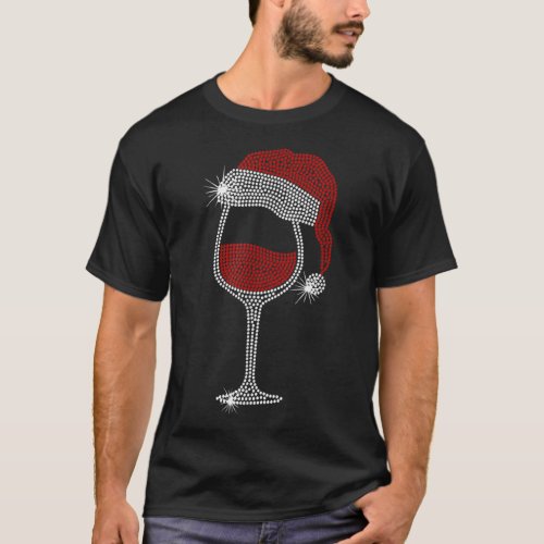 Santa Hat Wine Bling Christmas Rhinestone Bling T_ T_Shirt