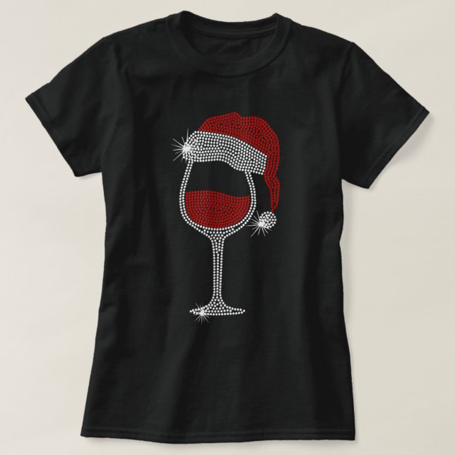 Santa Hat Wine Bling Christmas Rhinestone Bling T- T-Shirt (Design Front)