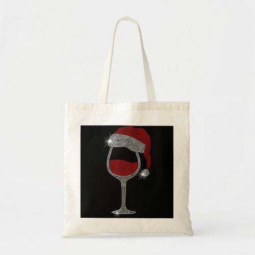 Santa Hat Wine Bling Christmas Rhinestone Bling  Tote Bag