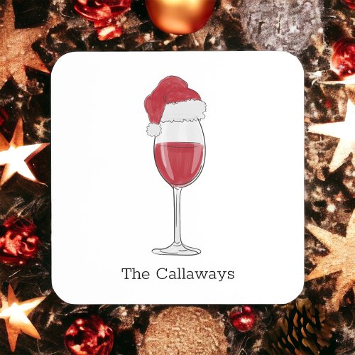 Santa Hat Wine Glass Personalized Holiday Party Beverage Coaster