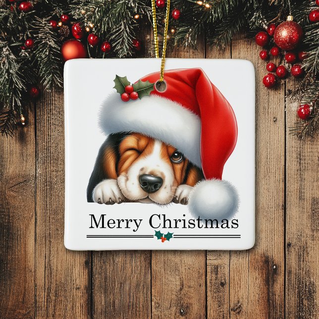 Santa Hat Winking Basset Hound Puppy Christmas Ceramic Ornament (Creator Uploaded)