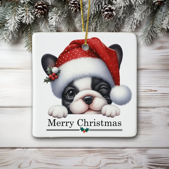 Santa Hat Winking French Bulldog Puppy Christmas Ceramic Ornament (Creator Uploaded)