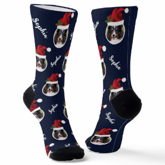 Santa Hat With Custom Photo And Name On Blue Socks