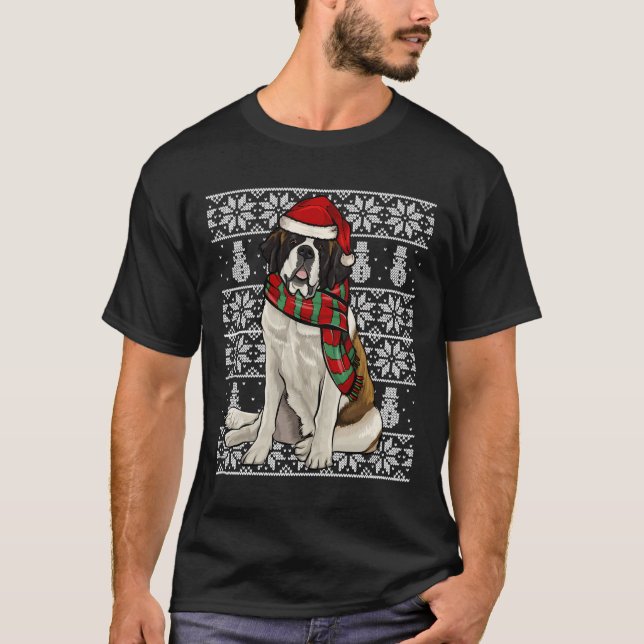 Santa Hat Xmas St Bernard Ugly Christmas T-Shirt (Front)