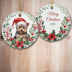 Santa Hat Yorkshire Terrier Poinsettia Wreath Ceramic Ornament
