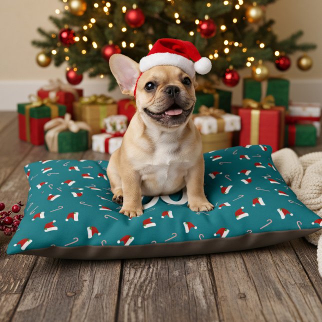 Santa Hats and Candy Cane Pattern Pet Bed (A fun and festive pattern pet bed perfect for cats or dogs. Just add your initial)