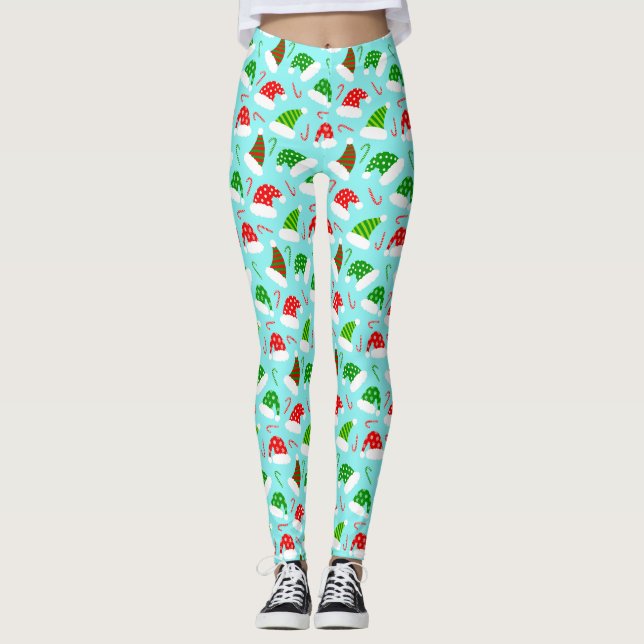 Santa Hats and Candy Canes Christmas Pattern Leggings (Front)