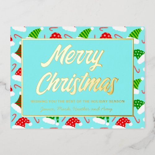 Santa Hats and Candy Canes Custom Merry Christmas  Foil Holiday Postcard