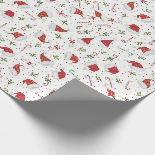 Santa Hats and Candy Canes Wrapping Paper (Corner)