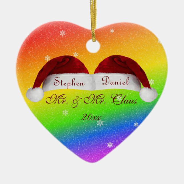 Santa Hats and Rainbows Ceramic Ornament (Front)