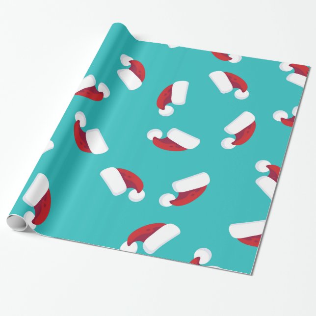 Santa Hats Blue Christmas Holiday Whimsical Wrapping Paper (Unrolled)