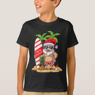 Santa Hawaiian Surfing T Shirt Christmas Summer Su