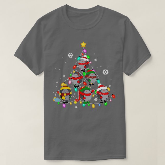 Santa Hedgehog Christmas Tree Lights Funny Pajamas T-Shirt (Design Front)