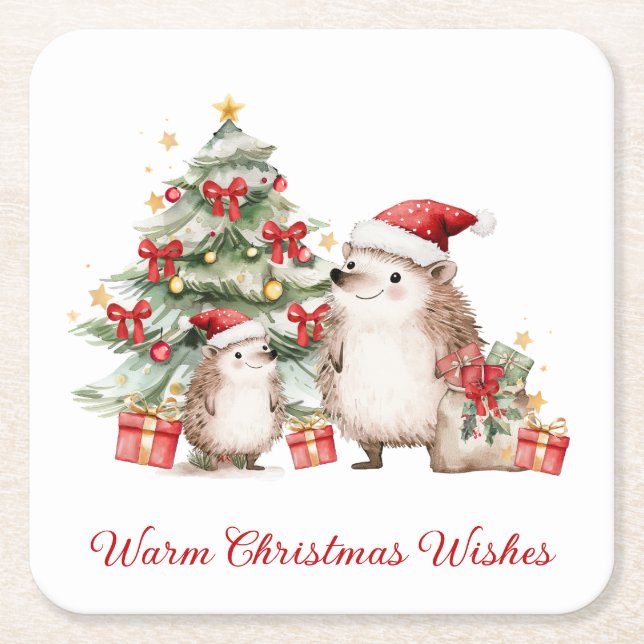 Santa Hedgehog Christmas Wishes  Square Paper Coaster (Front)