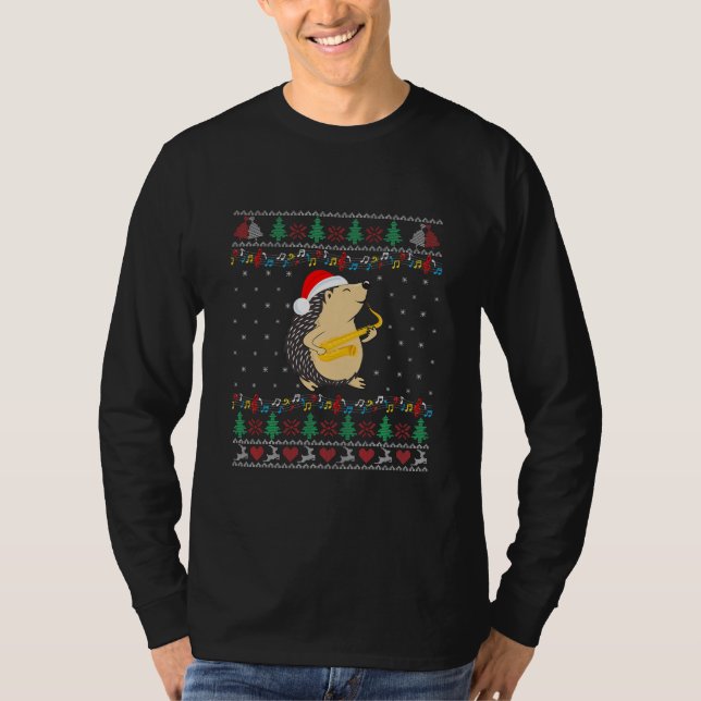 Santa Hedgehog Ugly Christmas Sweater Saxophone (Front)