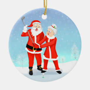 Santa Helping Mrs. Claus With Her Golf Swing Ceramic Ornament