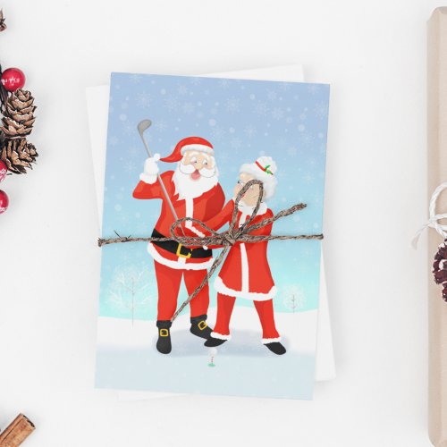 Santa Helping Mrs Claus With Her Golf Swing Holiday Postcard