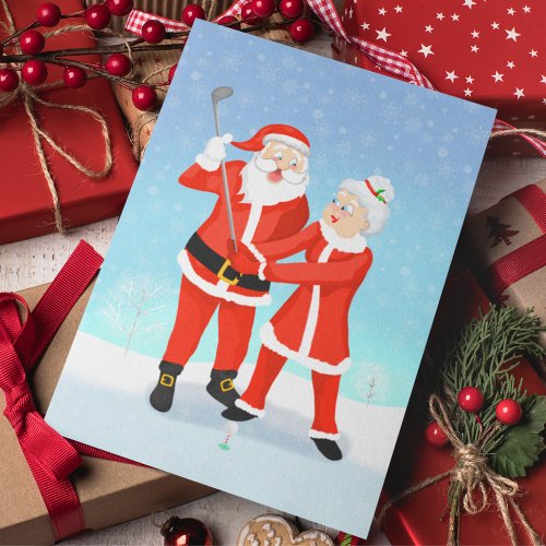 Santa Helping Mrs Claus With Her Golf Swing Postcard
