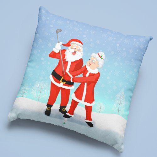 Santa Helping Mrs Claus With Her Golf Swing Throw Pillow