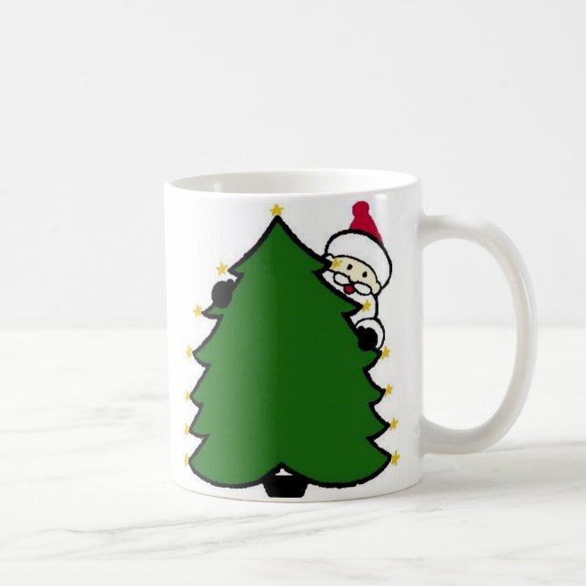 Santa Hides Behind Christmas Tree Coffee Mug (Right)
