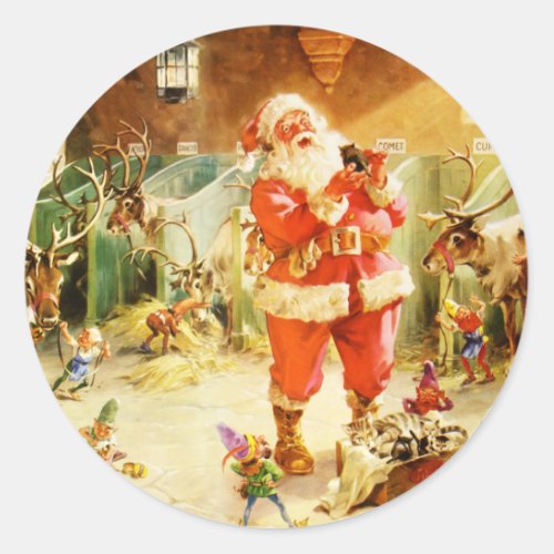 Santa  His Elves in the North Pole Stables Classic Round Sticker