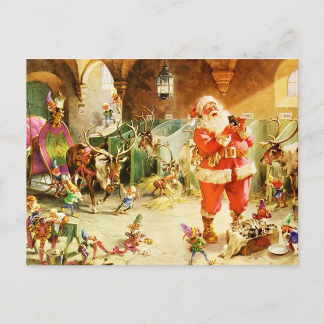 Santa & His Elves in the North Pole Stables Holiday Postcard (Front)