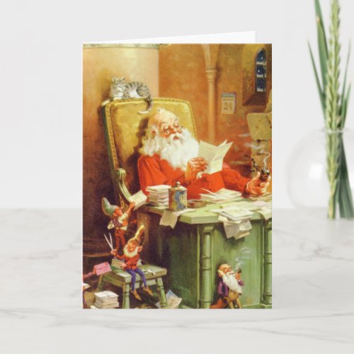 Santa  His Elves Making a List Checking it Twice Holiday Card