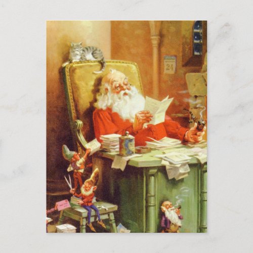 Santa  His Elves Making a List Checking it Twice Holiday Postcard