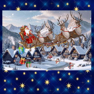 Santa & His Reindeer Christmas Dropping Gifts 3 Wrapping Paper Sheets