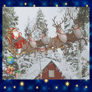 Santa & His Reindeer Flying Christmas Eve Large Wrapping Paper