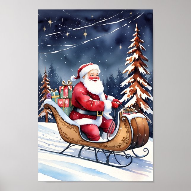 Santa & His Snowy Sleigh Classic Art Poster (Front)