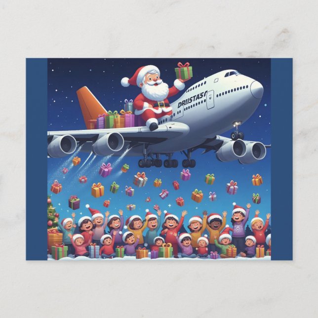 Santa hitching a ride on jumbo jet postcard (Front)