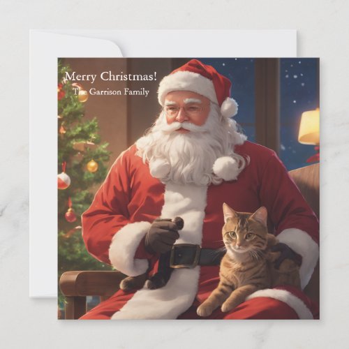 Santa holding a cat holiday card