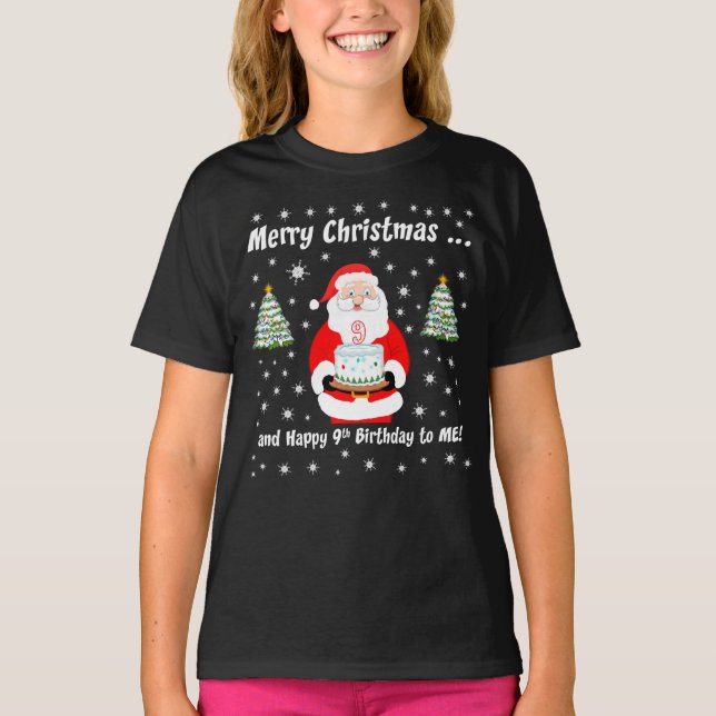 Santa Holding Birthday Cake Merry Christmas 9th T-Shirt (Front)