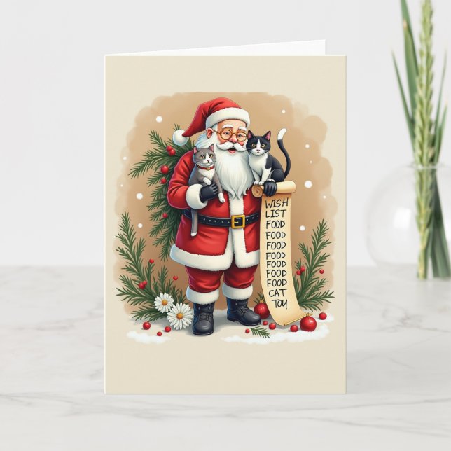 Santa Holding Cats Christmas Card Funny Food list (Front)