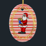 Santa Holding Menorah Chrismukkah Ornament<br><div class="desc">This is a traditional Christmas festive look with candy cane stripes and red.  The front features Santa holding a Menorah.  The back can be personalized as you wish.  Designed by Sheila Cicchi,  Brownielocks.com. All Rights Reserved.</div>