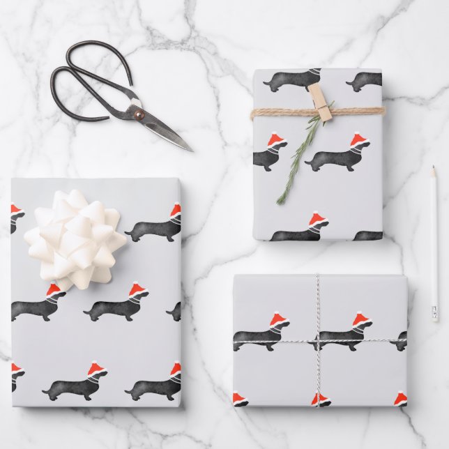 Santa holiday Christmas dachsund watercolor black Wrapping Paper Sheets (Front)