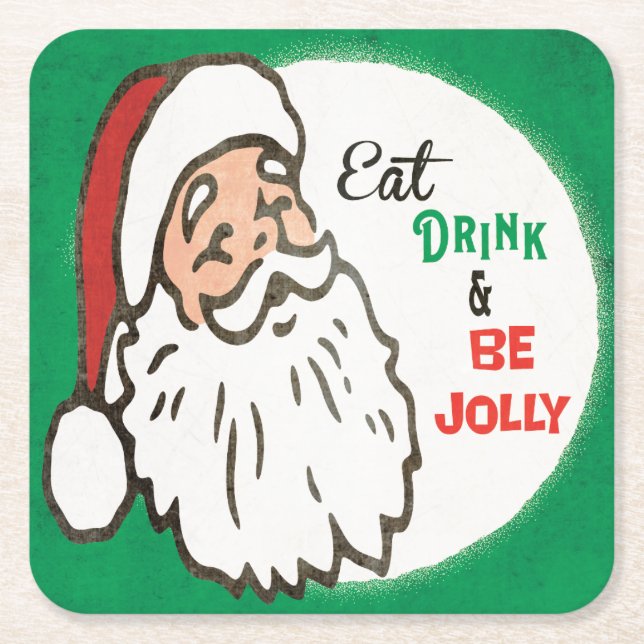 Santa Holiday Cocktail Party Retro Green Red Square Paper Coaster (Front)