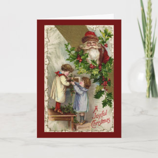 Santa & Holly Children Joyful Christmas Vintage Holiday Card