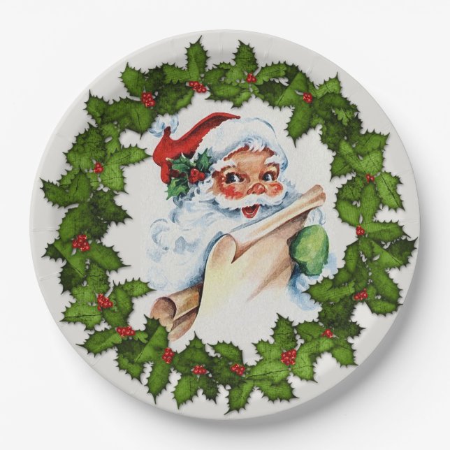 Santa Holly Wreath Christmas Party 9" Paper Plates (Front)