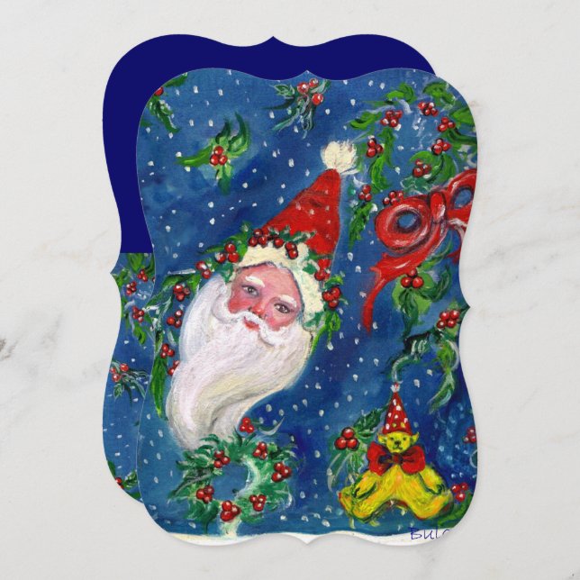 SANTA,HOLLYBERRIES,CROWNS,CHRISTMAS PARTY Red Blue Invitation (Front/Back)