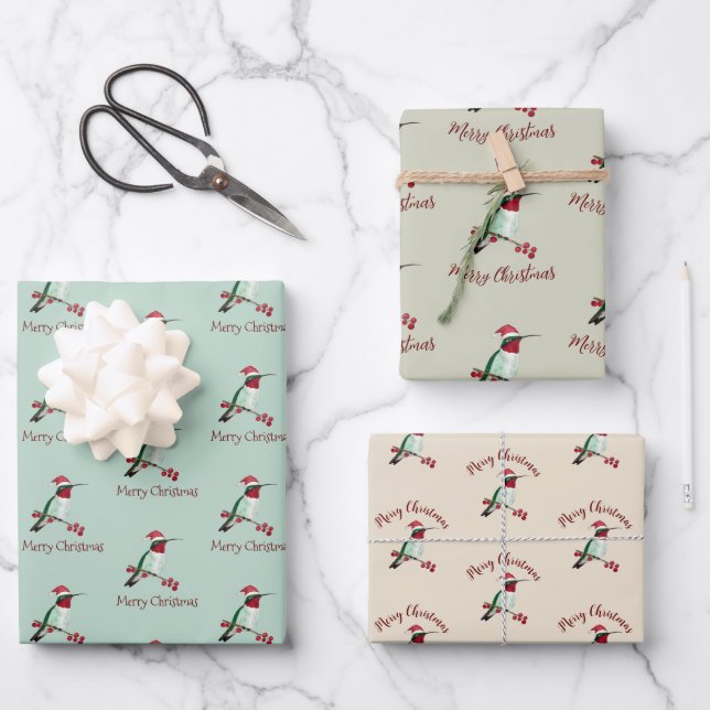Santa Hummingbird Merry Christmas Wrapping Paper Sheets (Front)