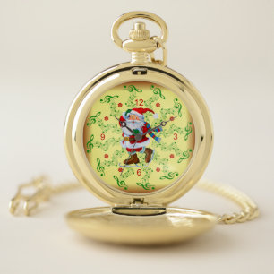 Santa ~ Ice Skates ~ Musical Scrolls ~ Christmas ~ Pocket Watch
