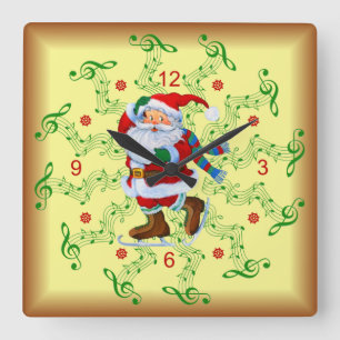Santa ~ Ice Skates ~ Musical Scrolls ~ Christmas ~ Square Wall Clock