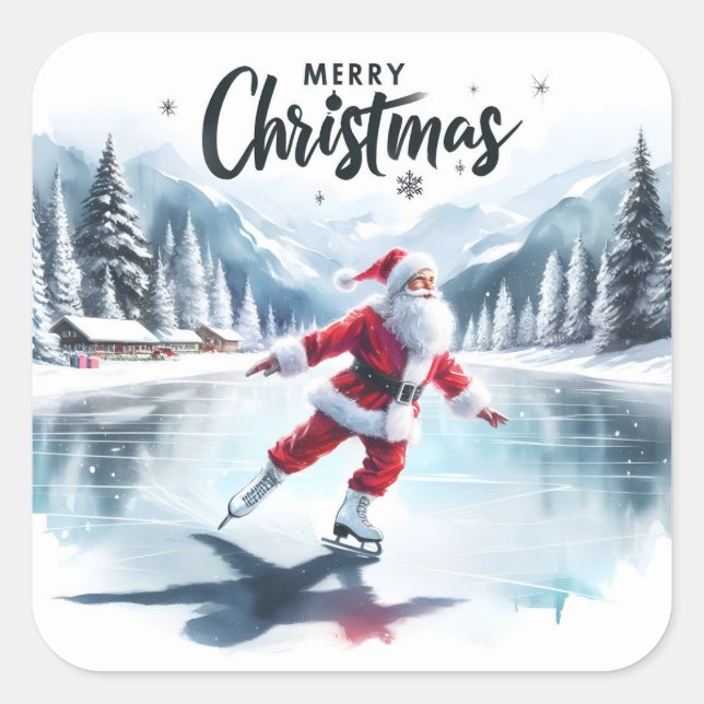 Santa Ice Skating in Winter Wonderland Square Sticker (Front)